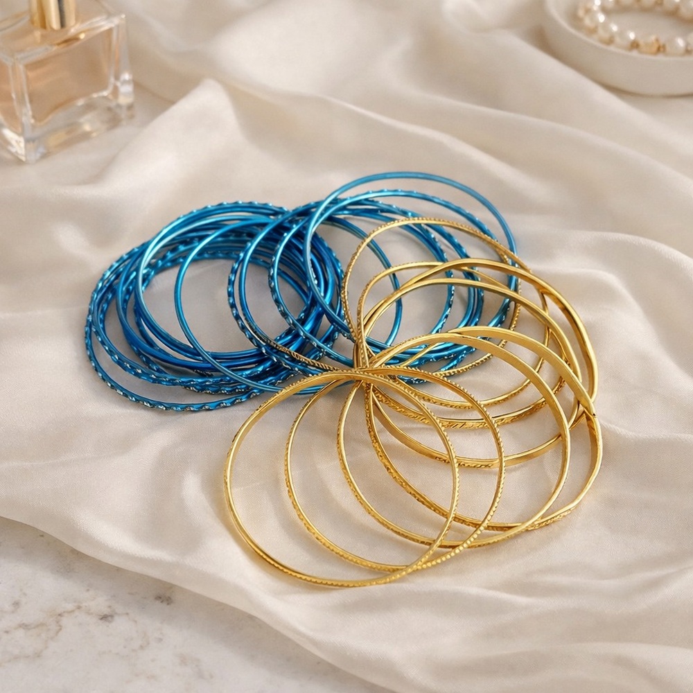 24 - Blue and Gold Women's Bangle Bracelet Set